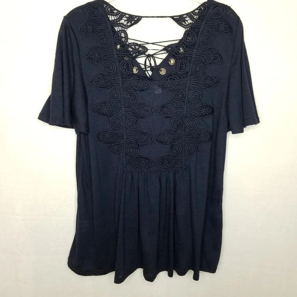 Xhilaration Navy V Neck Embroided Lace Tank Top Medium Boho Lightweight Tie up - Picture 7 of 8